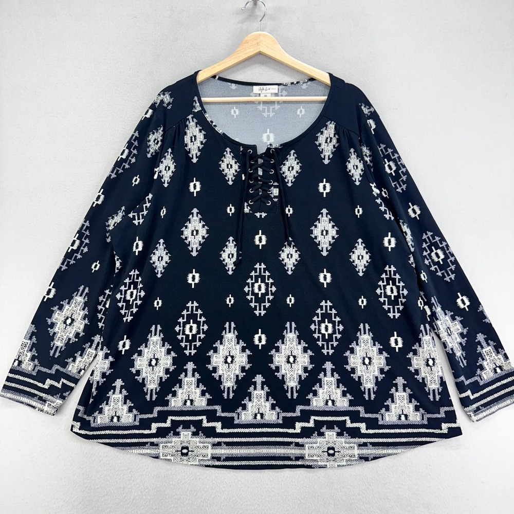 Style & Co Aztec Blouse Womens 3X Black Stretch Comfort Liquid Knit